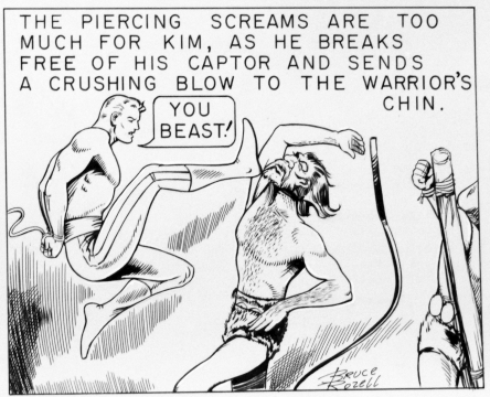 The piercing screams are too much for Kim, as he breaks free of his captor and send a crushing blow to the warrior's chin.   You beast crys Kim.