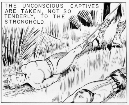 The unconscious captives are taken, not so tenderly, to the stronghold.