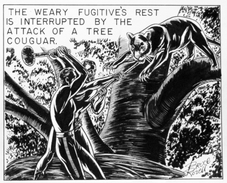 The weary fugitives rest is interrupted by the attach of a tree couguar.